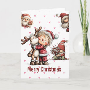 Whimsical Christmas Gnomes Reindeer Cute Holiday Card