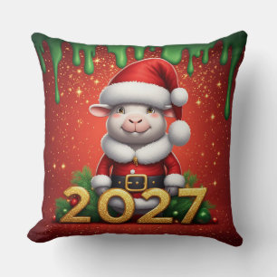 Whimsical Christmas Goat with Wreath & Santa Hat Cushion