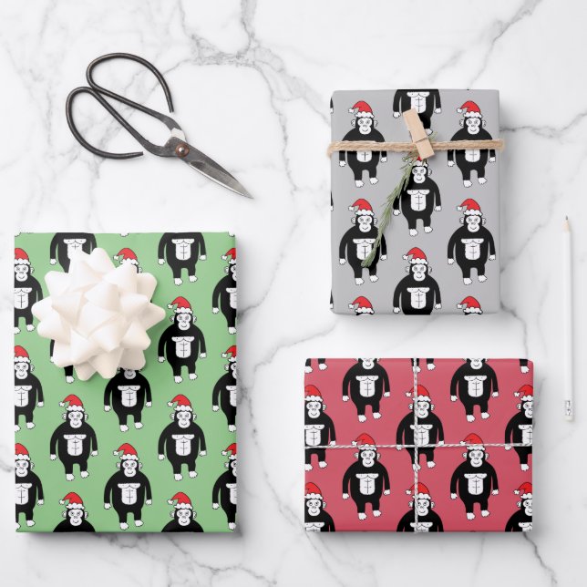 Whimsical Christmas Gorillas Wrapping Paper Sheet (Front)