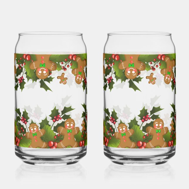 Whimsical Christmas Greenery & Gingerbread Men Can Glass (Front)