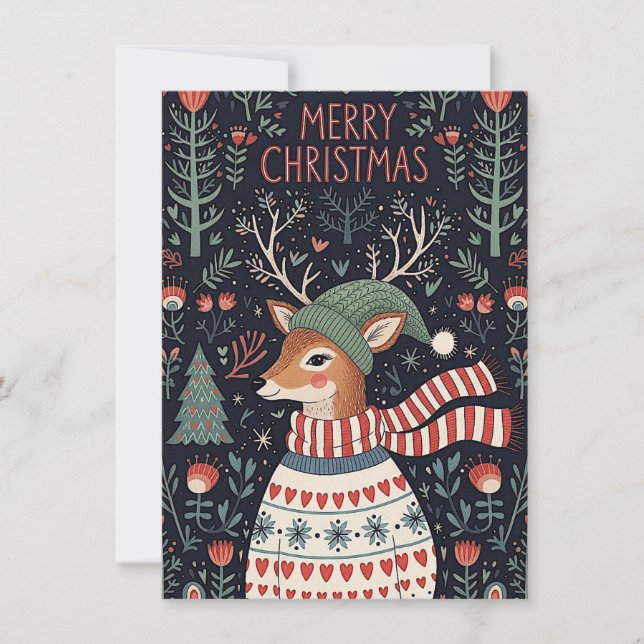 Whimsical Christmas greeting card with a deer  (Front)