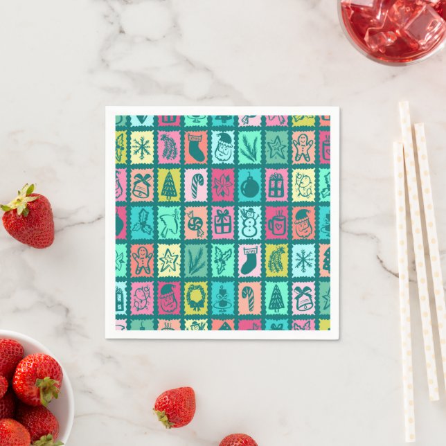 Whimsical Christmas Grid Cute Bright Holiday Paper Napkin (Insitu)