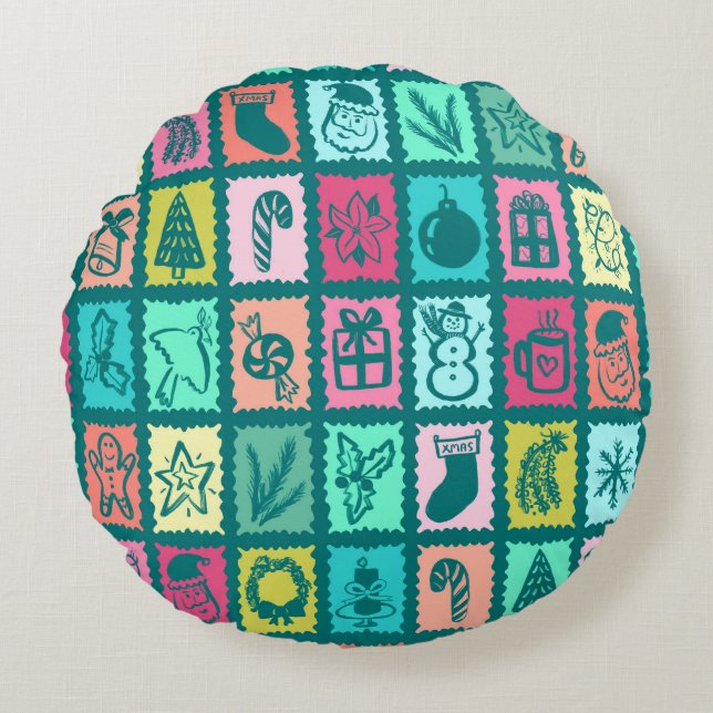 Whimsical Christmas Grid Cute Bright Holiday Round Cushion (Front)