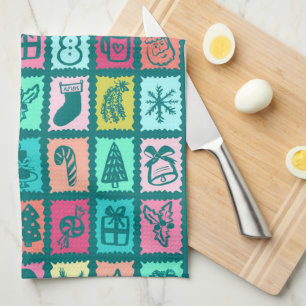 Whimsical Christmas Grid Cute Bright Holiday Tea Towel