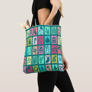 Whimsical Christmas Grid Cute Bright Holiday Tote Bag