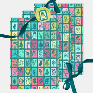 Whimsical Christmas Grid Cute Bright Holiday Wrapping Paper Sheet