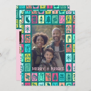 Whimsical Christmas Grid Cute Custom 3 PHOTO Holiday Card