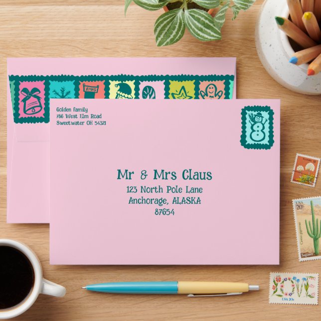 Whimsical Christmas Grid Cute Custom Colorful  Envelope (Desk)