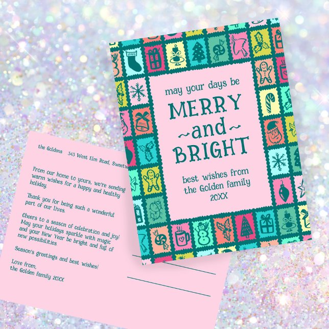 Whimsical Christmas Grid Cute Custom  Holiday Postcard (Whimsical Christmas Grid Cute Custom Colorful Merry Bright Non-Photo Holiday Postcard
)