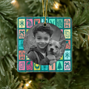Whimsical Christmas Grid Cute Custom PHOTO Holiday Ceramic Ornament