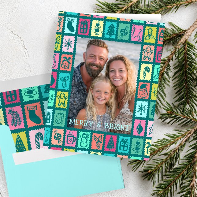 Whimsical Christmas Grid Cute Custom PHOTO Message Card (Whimsical Christmas Grid Cute Custom PHOTO Message Holiday Card & Envelope
)