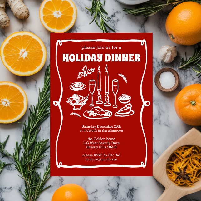 Whimsical Christmas Holiday Dinner Party CUSTOM  Invitation (Whimsical Doodles Sketch Style Christmas Holiday Dinner Party CUSTOM Invitation
)