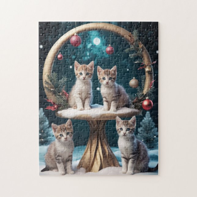 Whimsical Christmas Kittens on Gold Stand  Jigsaw Puzzle (Vertical)