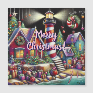 Whimsical Christmas Lighthouse Magnetic Card