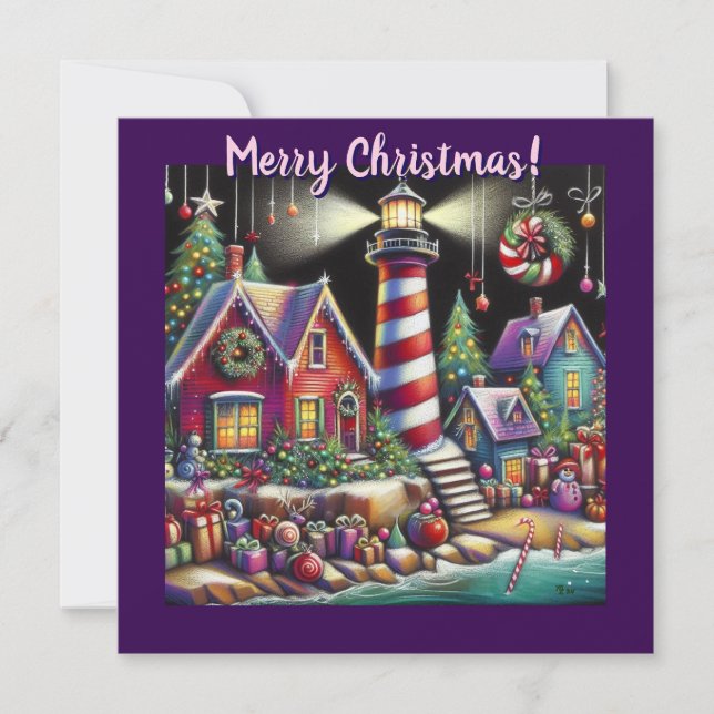 Whimsical Christmas Lighthouse Personalised Card (Front)