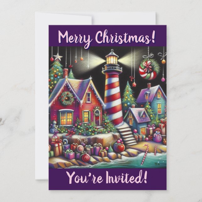 Whimsical Christmas Lighthouse Personalised Invitation (Front)