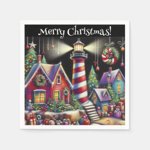 Whimsical Christmas Lighthouse Personalised Napkin