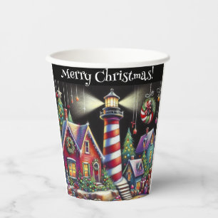 Whimsical Christmas Lighthouse Personalised Paper Cups
