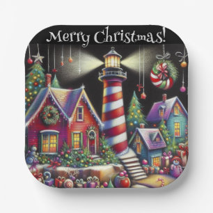 Whimsical Christmas Lighthouse Personalised Paper Plate