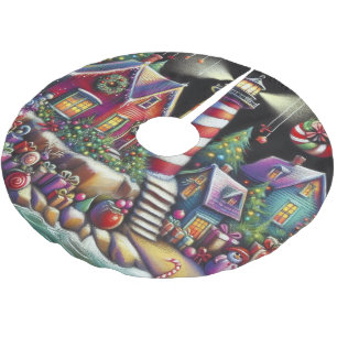 Whimsical Christmas Lighthouse Red Pink Purple Brushed Polyester Tree Skirt