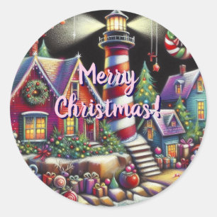 Whimsical Christmas Lighthouse Red Pink Purple Classic Round Sticker