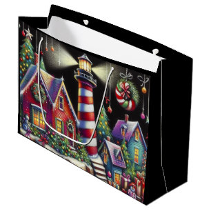 Whimsical Christmas Lighthouse Red Pink Purple  Large Gift Bag
