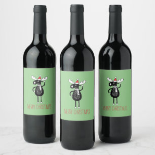 Whimsical Christmas Moose  Wine Label