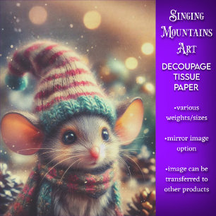 Whimsical Christmas Mouse in Festive Hat Decoupage Tissue Paper