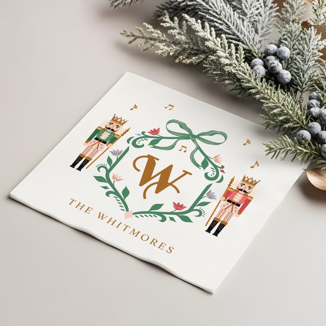 Whimsical Christmas Nutcracker Monogram Crest Bow Napkin (Whimsical Christmas Nutcracker Monogram Crest Bow Napkins)