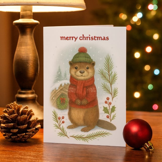 Whimsical Christmas Otter  Holiday Card (“Woodland otter Christmas card with cozy winter scene—festive, kid-friendly, and nature inspired.”)
