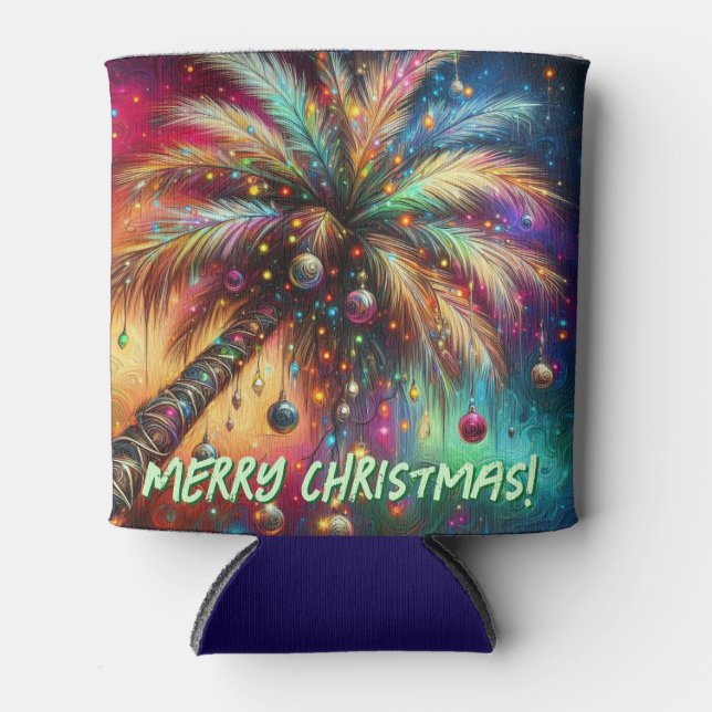 Whimsical Christmas Palm Tree Tropical Beach Vivid Can Cooler (Front)