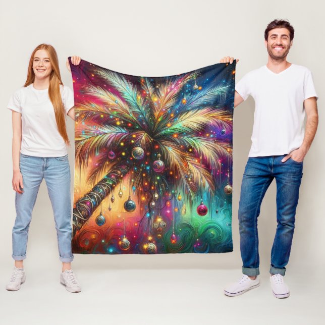 Whimsical Christmas Palm Tree Tropical Beach Vivid Fleece Blanket (In Situ)
