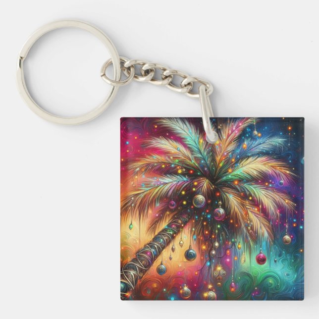 Whimsical Christmas Palm Tree Tropical Beach Vivid Key Ring (Front)
