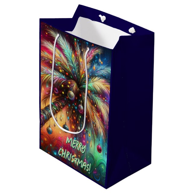 Whimsical Christmas Palm Tree Tropical Beach Vivid Medium Gift Bag (Front Angled)