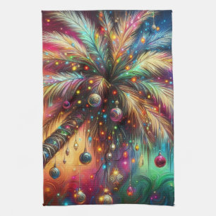 Whimsical Christmas Palm Tree Tropical Beach Vivid Tea Towel