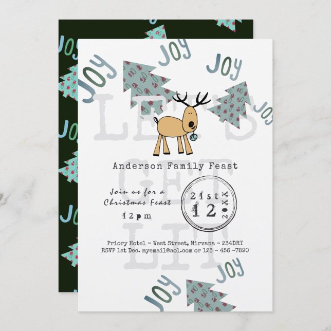 Whimsical Christmas Party Lets Get LIT Rustic Invitation (Front/Back)