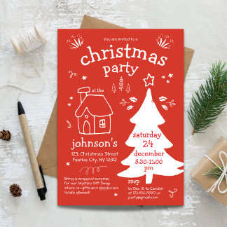 Whimsical Christmas Party with Tree and Cottage In Invitation