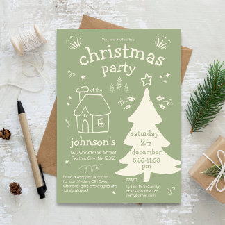 Whimsical Christmas Party with Tree and Cottage Invitation