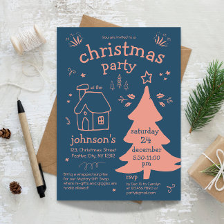 Whimsical Christmas Party with Tree and Cottage Invitation