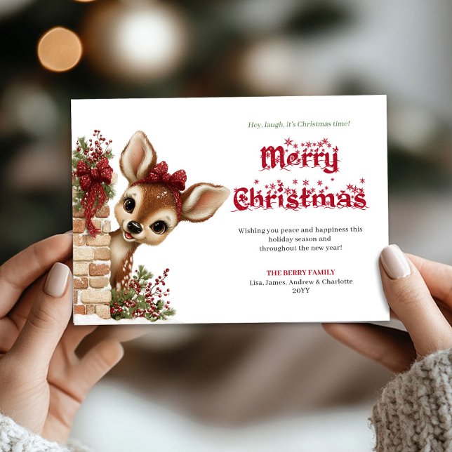 Whimsical Christmas peeking baby deer greeting  Holiday Card (Whimsical Christmas peeking baby deer greeting card)