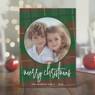 Whimsical Christmas Photo - Calligraphy and Plaid Holiday Card