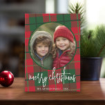 Whimsical Christmas Photo - Calligraphy and Plaid Holiday Card<br><div class="desc">If you crop your photo into a square before uploading, it will be easy to edit the card. The design includes a unique and trendy Merry Christmas greeting with a bright and colourful plaid pattern on the back. This design has a joyful look to it with a plaid pattern and...</div>