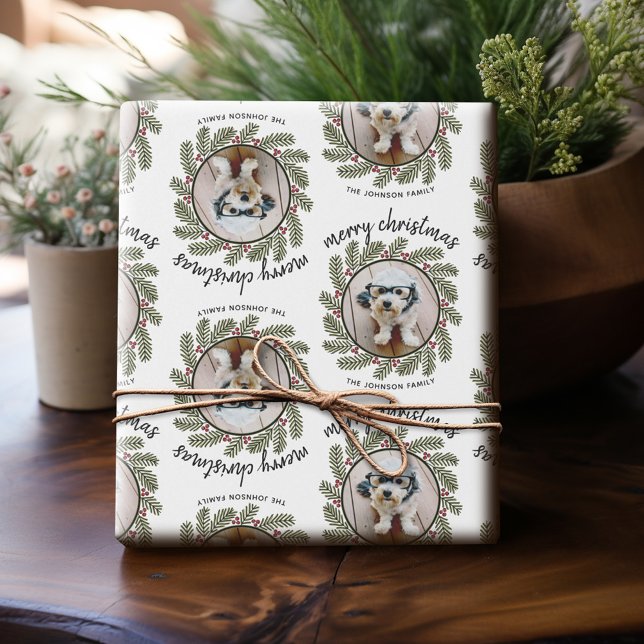 Whimsical Christmas Photo - Calligraphy - Branches Wrapping Paper (Personalized Photo Wrapping Paper)