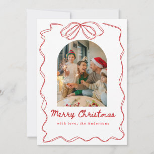 Whimsical Christmas Photo Hand-Drawn Bow Ribbon Holiday Card