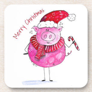 Whimsical Christmas Pig Coaster