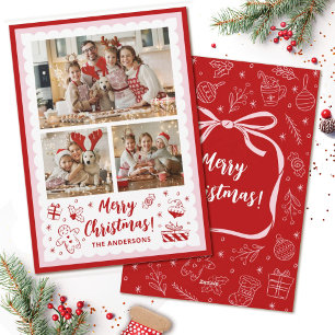 Whimsical Christmas Pink Bow 3 Family Photo Holiday Card