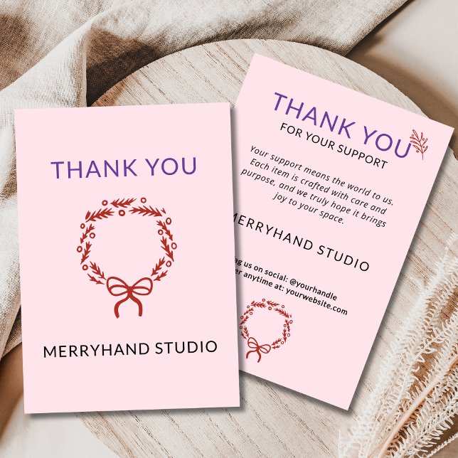 Whimsical Christmas Pink Wreath Funky  Thank You Card (Creator Uploaded)