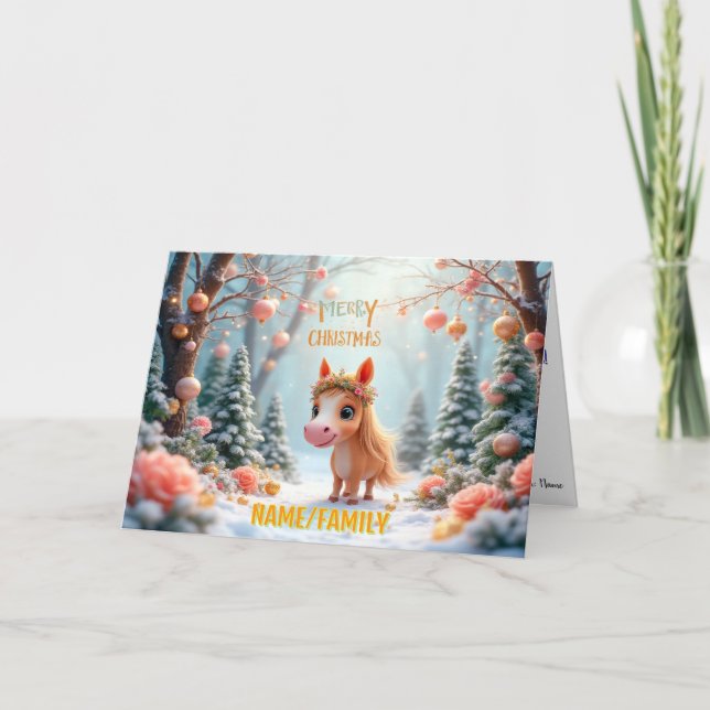 Whimsical Christmas Pony in Snowy Forest Holiday Card (Front)