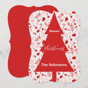 Whimsical Christmas Red Doodle Art Tree Silhouette Holiday Card
