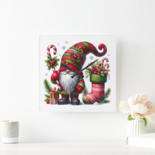 Whimsical  Christmas Red Green Gnome Custom Square Wall Clock